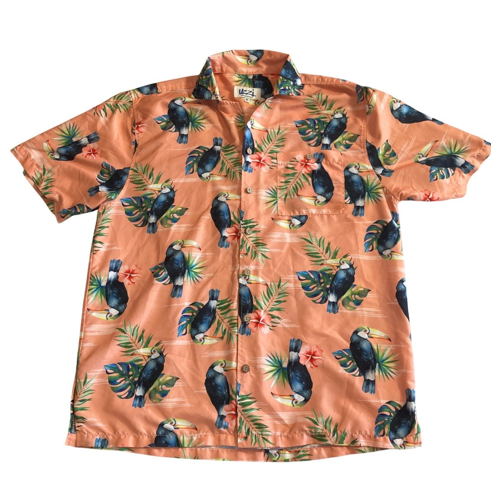 Uzzi‎ Amphibious Gear Mens Medium Toucan Tropical Print Shirt Peach Orange HP73
